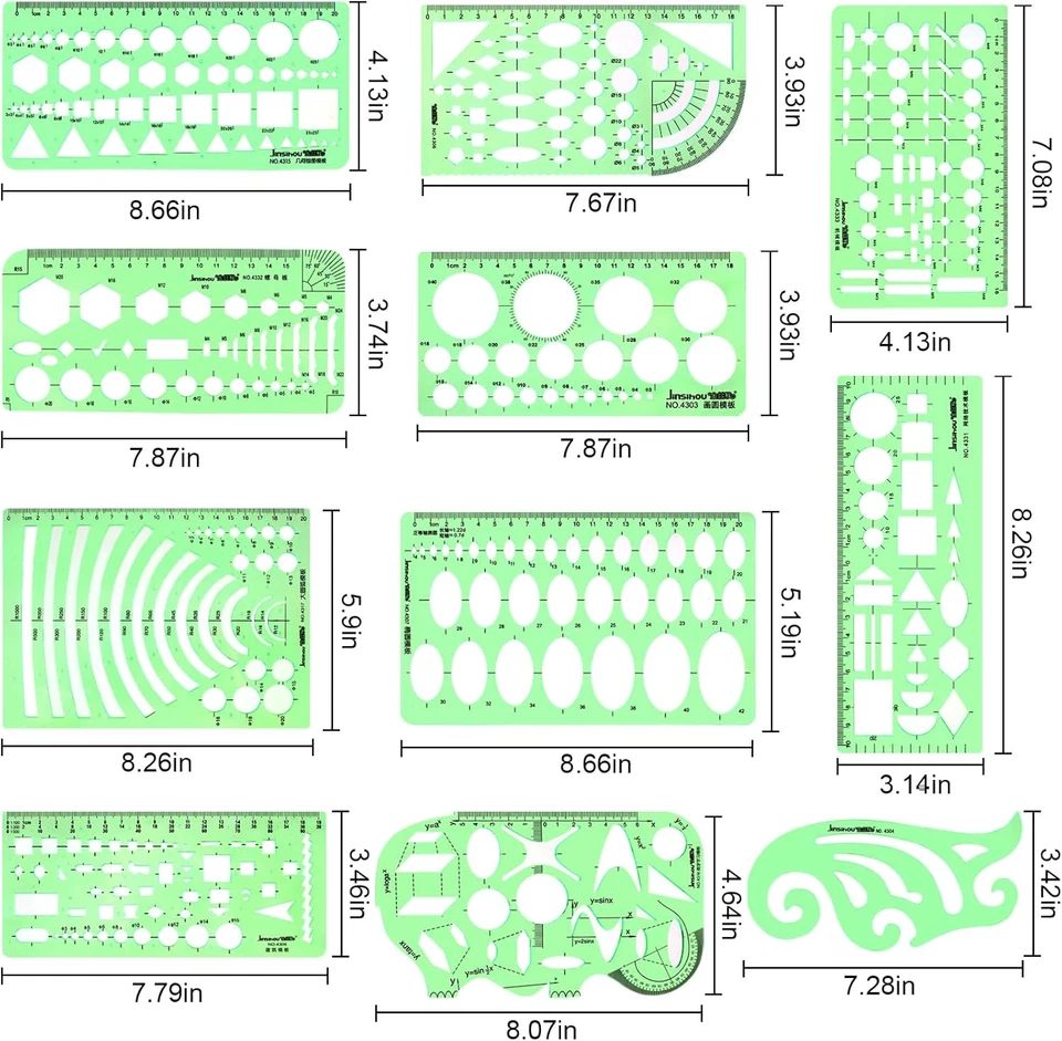 11PCS Geometric Drawing Templates Drafting Stencils Measuring Ruler Set for Desi - Image 2 of 4