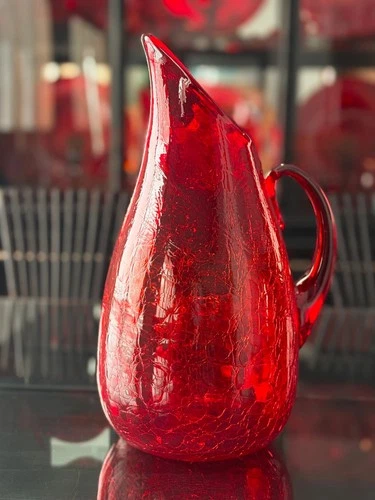 BLENKO Crackle Glass Pitcher Red MCM 13" Tall
