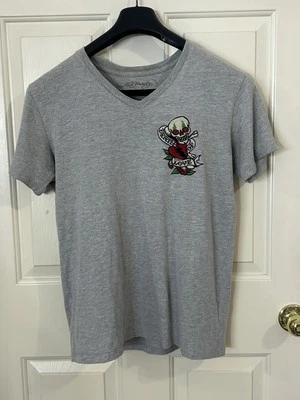 Ed Hardy Men's Small Gray V Neck T Shirt Death of Love Embroidered - Image 1 of 4