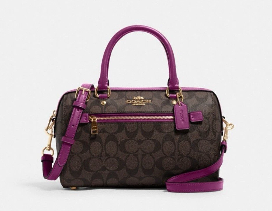 Borsa Coach Rowan nuova con etichette in pelle tela firmata marrone viola magenta scuro
