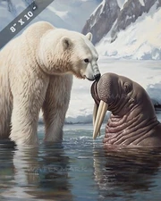 8x10 Matte Print Polar Bear Observing Walrus Realistic Oil Painting