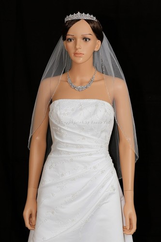 1T White Bridal Elbow Length Silver Beaded Edge Wedding Veil - Picture 2 of 5