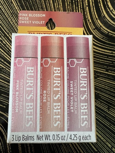 Burt's Bees Tinted Lip Balm - Set of 3 - Pink Blossom, Rose, Sweet Violet - NEW