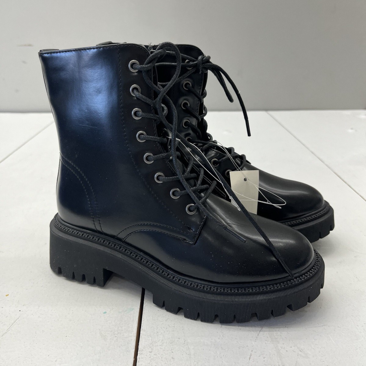 Aeropostale Black Faux Leather Combat Boots Chunky Sole 6” Shaft