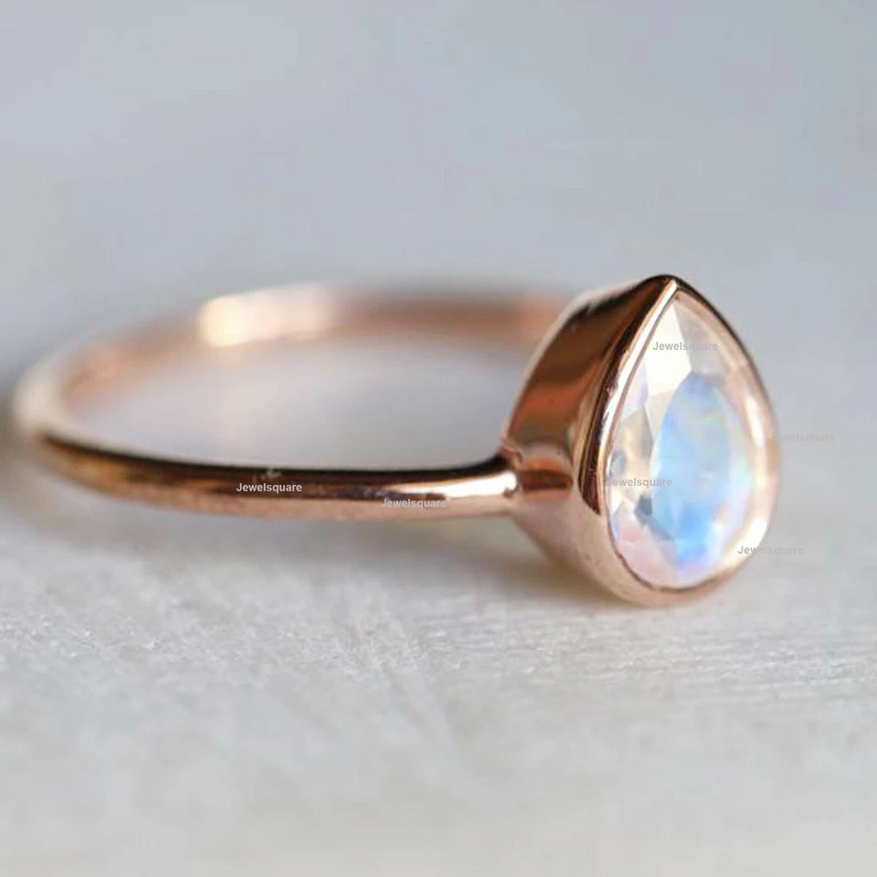 14k Solid Gold solitaire Pear Moonstone Gemstone Bezel Set Ring Gift For Her US7 - Image 3 of 3