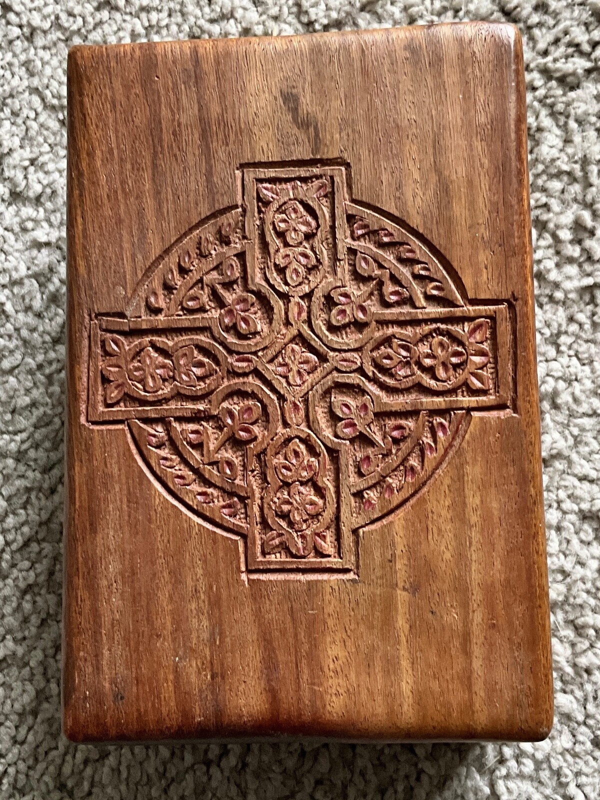Hand Carved Celtic Cross Wooden Jewelry Box for Keepsakes