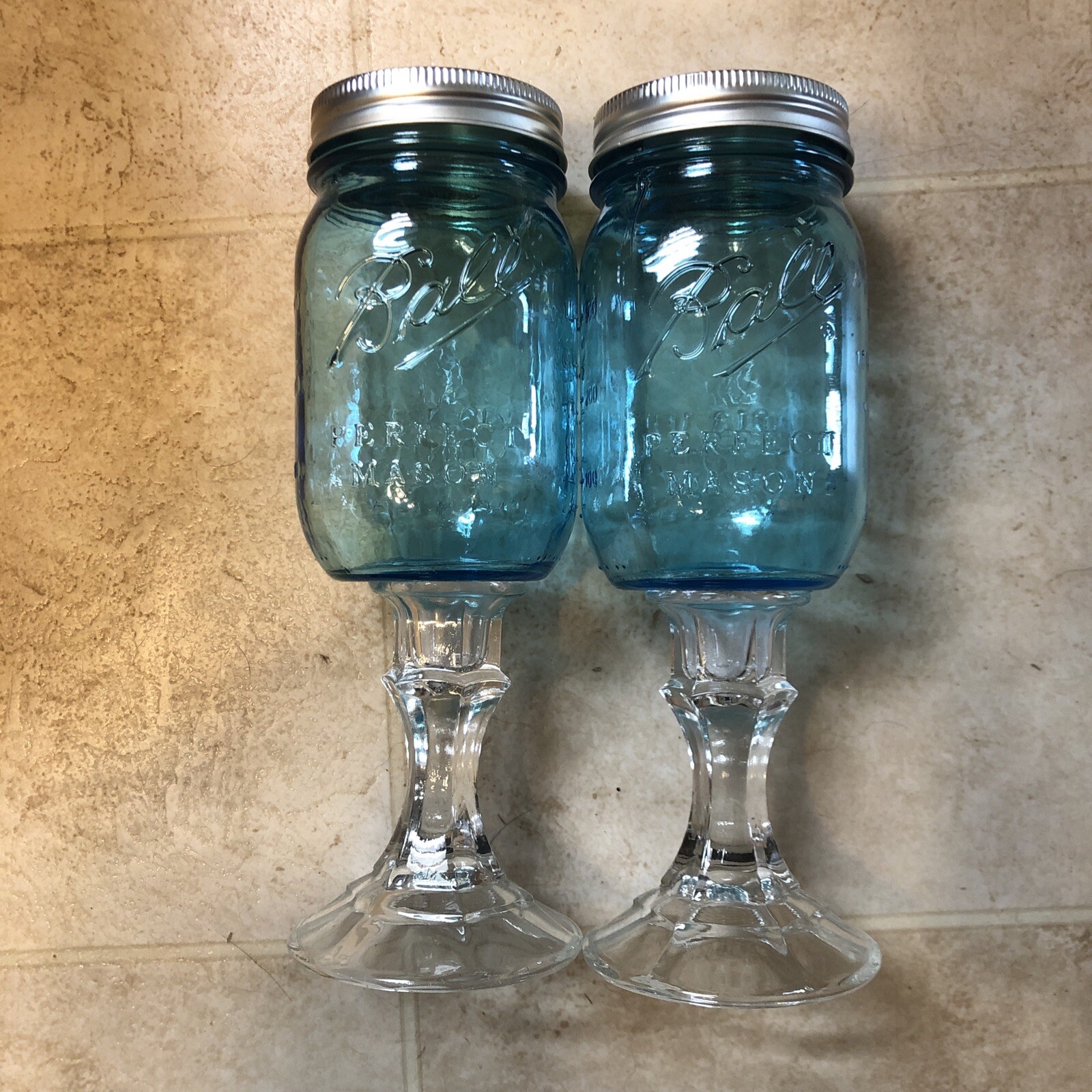 Lot of 2 Ball Wide Mouth Glass Mason Jar Wine glass with Stem W/ Lid