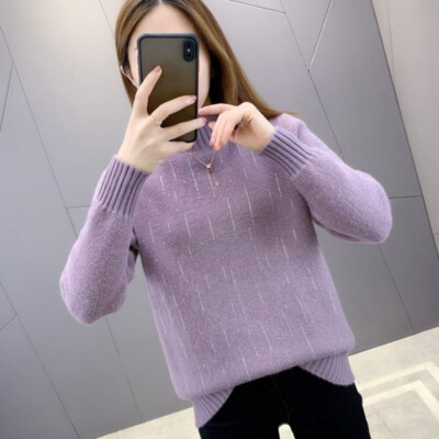 Women Fleece Lined Pullover Knit Sweater Fluffy Jumper Faux Cashmere Mock Neck