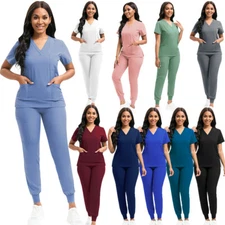 Unisex Stretch Medical Nurse Uniform Scrub Set V-Neck 3-Pocket-Top Jogger Pants