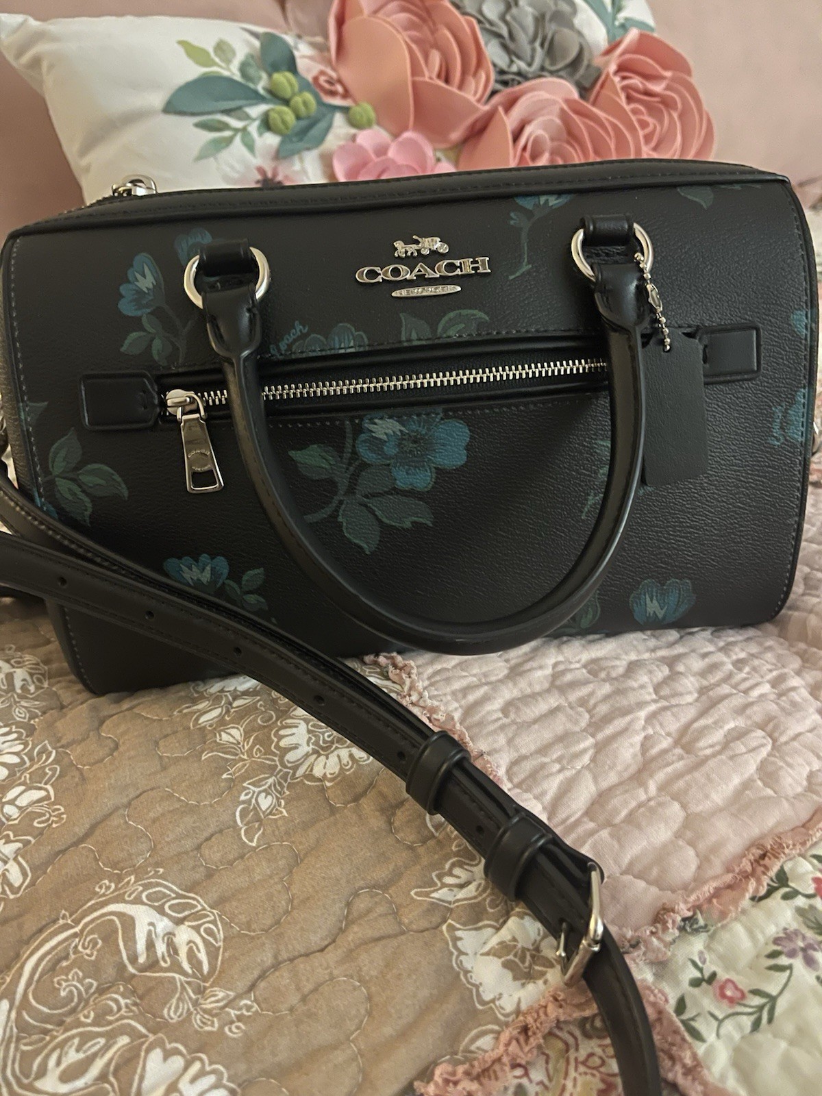 Coach Black Floral Satchel with Detachable Strap and Silver Hardware