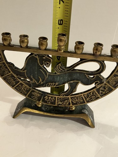 Vtg Israel Dayagi Brass & Verdigris Enamel Menorah Lion Of Judah 12 Tribes 1937 - Picture 11 of 12