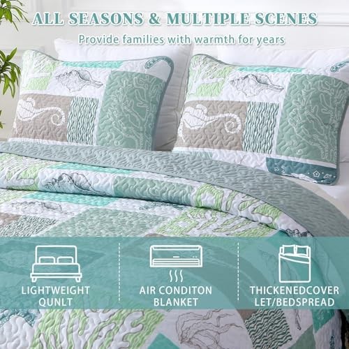 Coastal Quilt Set Size, Beach Coverlet Starfish Coral Seashell King Sage Green