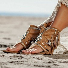 Women Fashion Roman Boho Sandals Flats Flip Flops Ankle Sandal Shoes Tassel