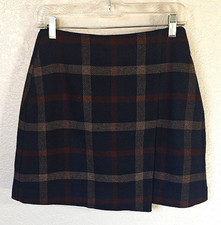 Dark Academia Size 6 Wool Blend Mini Skirt Faux Wrap Navy Red Tartan Plaid
