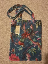 BNWT Cotton Velvet Tote Bag With Tropical / Paradise Bird Print In Teal Blue