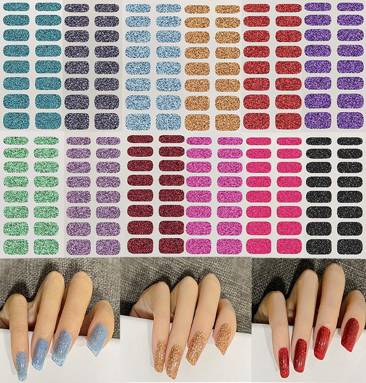 12 Sheets Glitter Nail Wraps, Nail Polish Strips Stickers, S