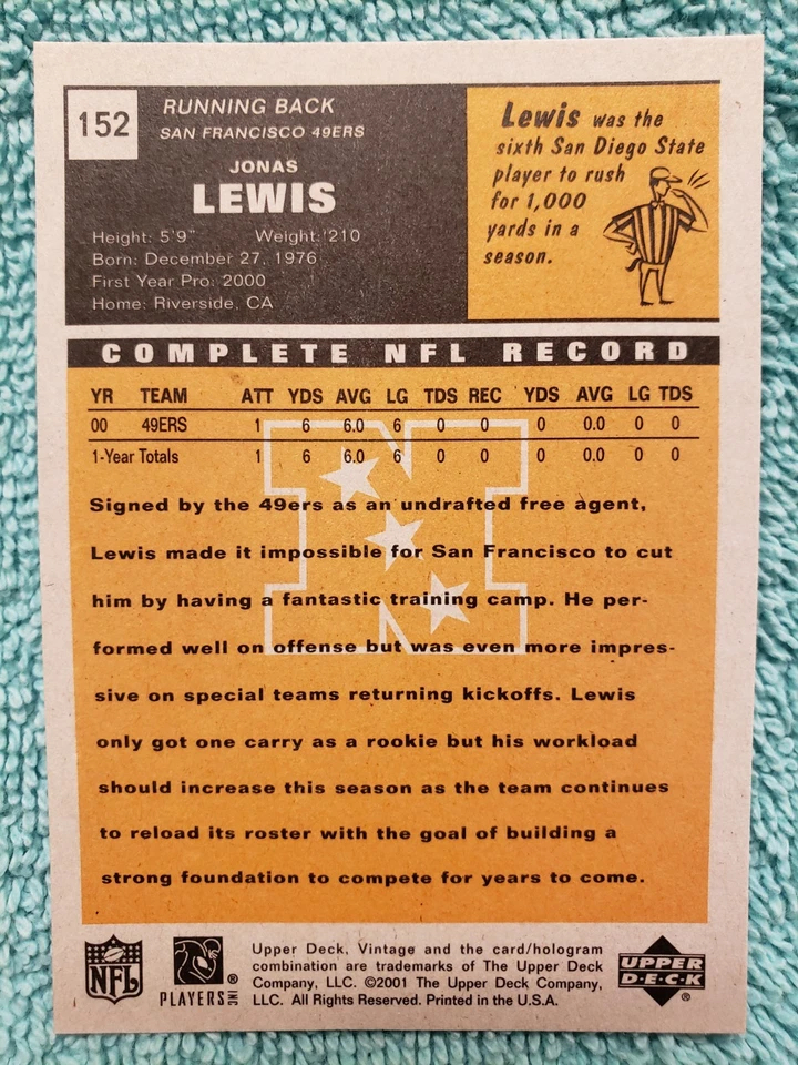 2001 UPPER DECK VINTAGE JONAS LEWIS #152 SAN FRANCISCO 49ERS  - Image 3 of 4