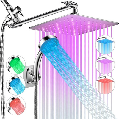 #ad LED Shower Head 10quot; Rain High Pressure with 11quot; Extension Arm Color Changing $110.72