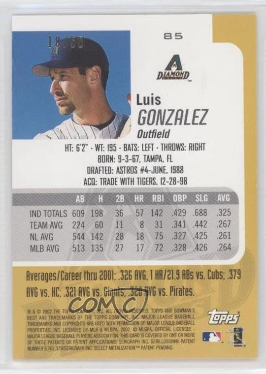 2002 Bowman's Best Gold /50 Luis Gonzalez #85 - Image 2 of 2