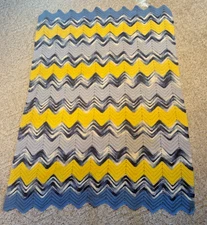 VTG Handmade Crochet Afghan Blanket Blues Yellows White zigzag colorful 34x48