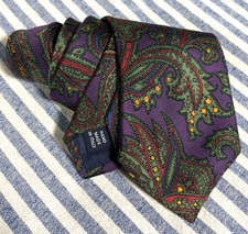 POLO RALPH LAUREN mens ribbed silk tie paisley purple green 57.5" x 3.5" Italy
