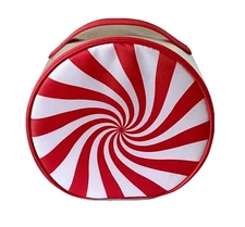 Clinique Makeup Cosmetic Train Case Zipper Bag White /Red /Silver Pinwheel Swirl