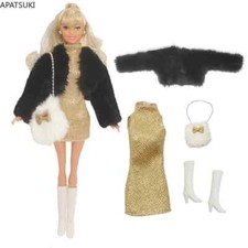 Schwarzer Pelzmantel Kleidungsset für Barbiepuppe Outfits Kleid Tasche Stiefel