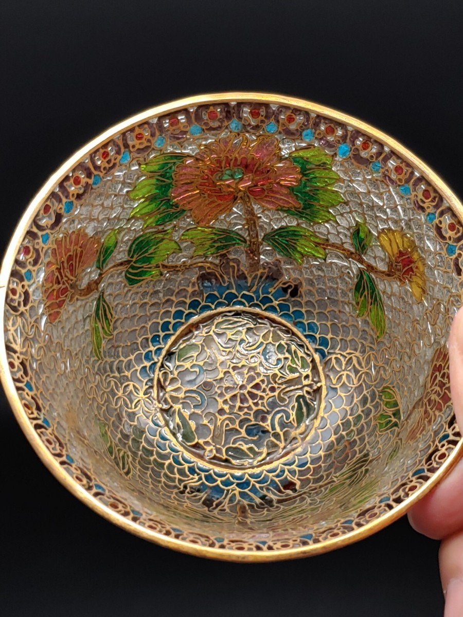 脱胎珐琅器琉璃景泰蓝掐丝月季花盖碗Vintage Chinese Glass