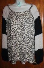 BIBI Ladies' Large Leopard CONTRAST SHIRT waffle long sleeves w/ knit body EUC