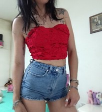 crop top corpetto donna a fascia effetto pizzo uncinetto rosso