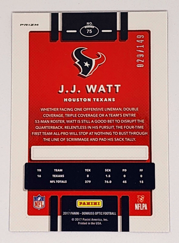 2017 Optic J.J. Watt Texans Prizm Blue Holo /149 2 Card Lot - Picture 5 of 5