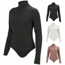 Women's High collar Bodysuit Long Sleeve Basic Plain Stretch T-Shirt Top Cotton