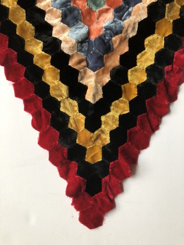Antique Velvet Hand Stitched Pieced Diamond Partial Quilt Top Unfinished - Picture 2 of 18