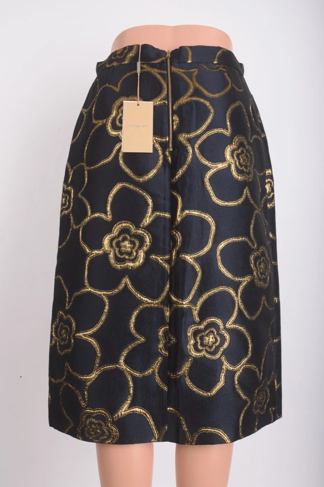 Falda Michael Kors Colección Mujer Línea A Azul Floral Azul Marino Dorado EE. UU. 6 NUEVA CON ETIQUETAS Foto 4 de 4