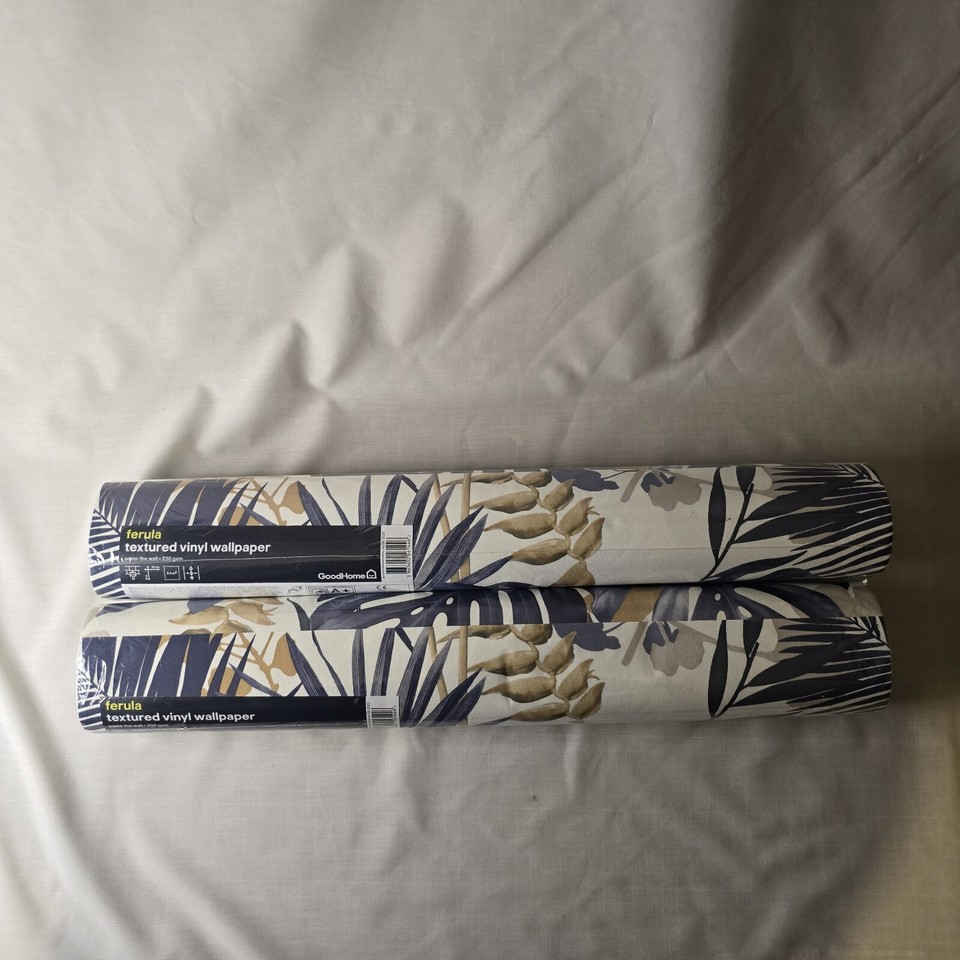 GoodHome Ferula Blue Tropical Leaves Textured Wallpaper X2 SEALED eBay