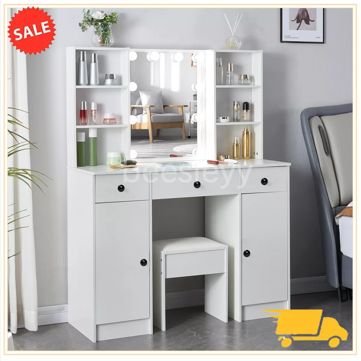 Large Makeup Dressing Table with LED Lights Mirror 3 Drawers