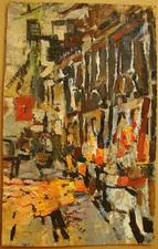 Ukrainian Soviet USSR Oil Painting Avant-garde cubism old town night lights city