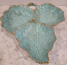 California Pottery MCM Triple Leaf Tidbit Tray Turquoise Gold Color Trim Leaves 