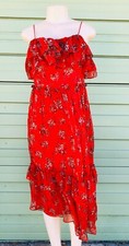 ZARA WOMAN THIN STRAPS RUFFLED TRIMS FLORAL PRINT DRESS RED Large 1200L