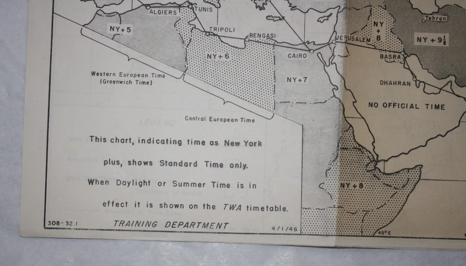 Gráfico de zona horaria de entrenamiento de pilotos TWA 1946 | Mapa de aerolínea vintage Segunda Guerra Mundial Era Aviación Foto 2 de 4