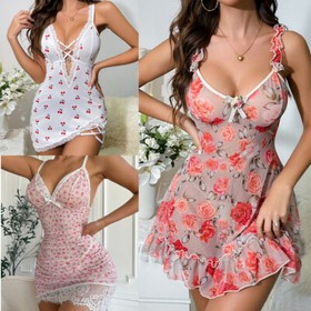 Womens Sexy Lingerie V Neck Mini Teddy Babydoll Lace Nightgown Dress Set Chemise