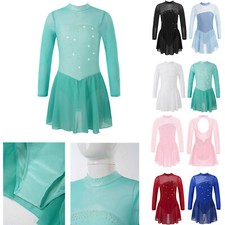 Girls Shiny Rhinestones Gymnastic Leotard Figure Roller Ice Skating Dresses