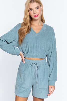 Womens Long Sleeve Premium Cotton Loungewear Elasticized Hem Terry Towelling Top