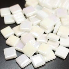 50 Tiles - 12 mm Iridescent White Glass Square Mosaic Tile Pieces
