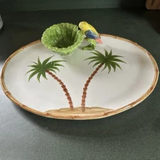 The Mane Lion Made In Italy Chip Dip Serving Platter with Palm Trees And Parrot