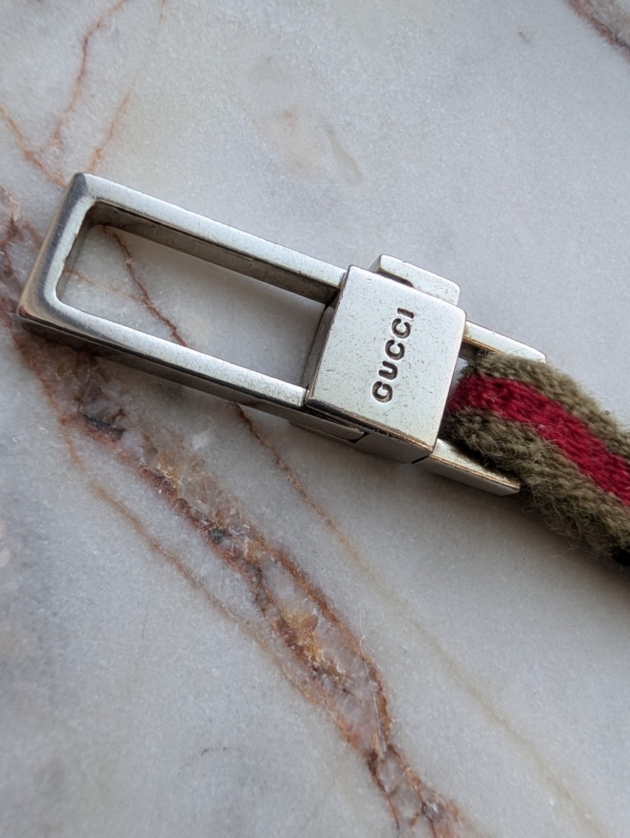 Vintage Gucci Web Stripe Canvas & Leather Key Holder / Bag Charm