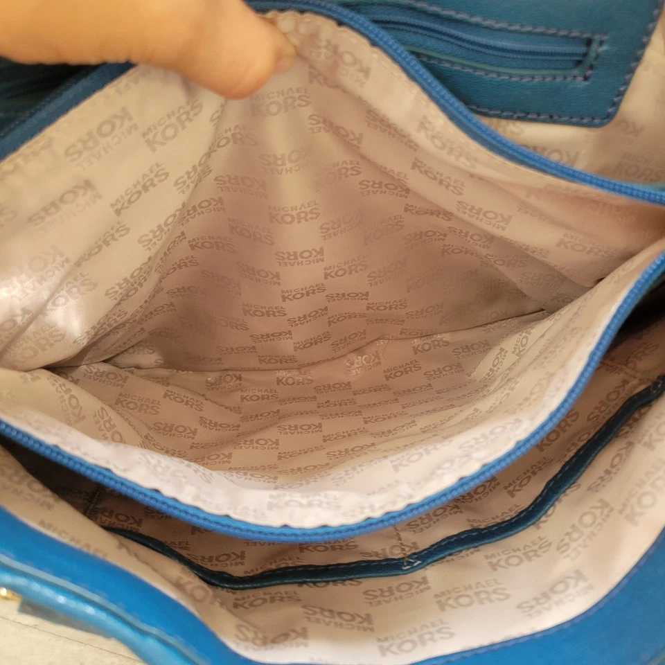 Michael Kors Tote Handbag Blue Leather Satchel Shoulder Bag Gold Hardware Hobo - Image 4 of 4