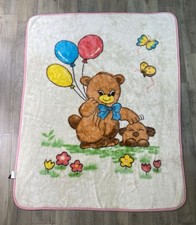 Vintage Baby Blanket Teddy Bear With Balloons Butterflies Plush Throw 54 x43