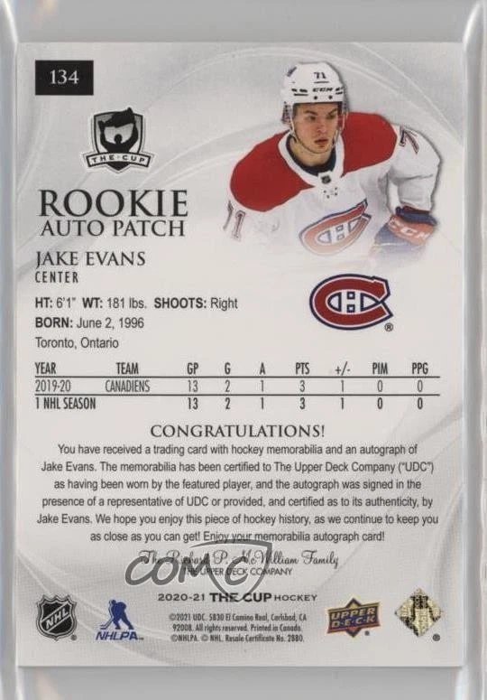 2020-21 Upper Deck The Cup /249 Jake Evans #134 RPA Rookie Patch Auto RC - Image 2 of 2