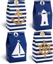 AnyDesign 24 Pack Nautical Party Paper Bags 1 Count (Pack of 24), blue, white 